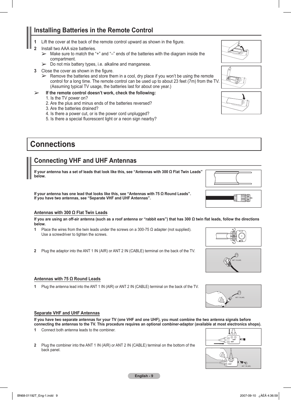 Installing batteries in the remote control, Connections, Connecting vhf and uhf antennas | Samsung HPT5044X-XAA User Manual | Page 9 / 72