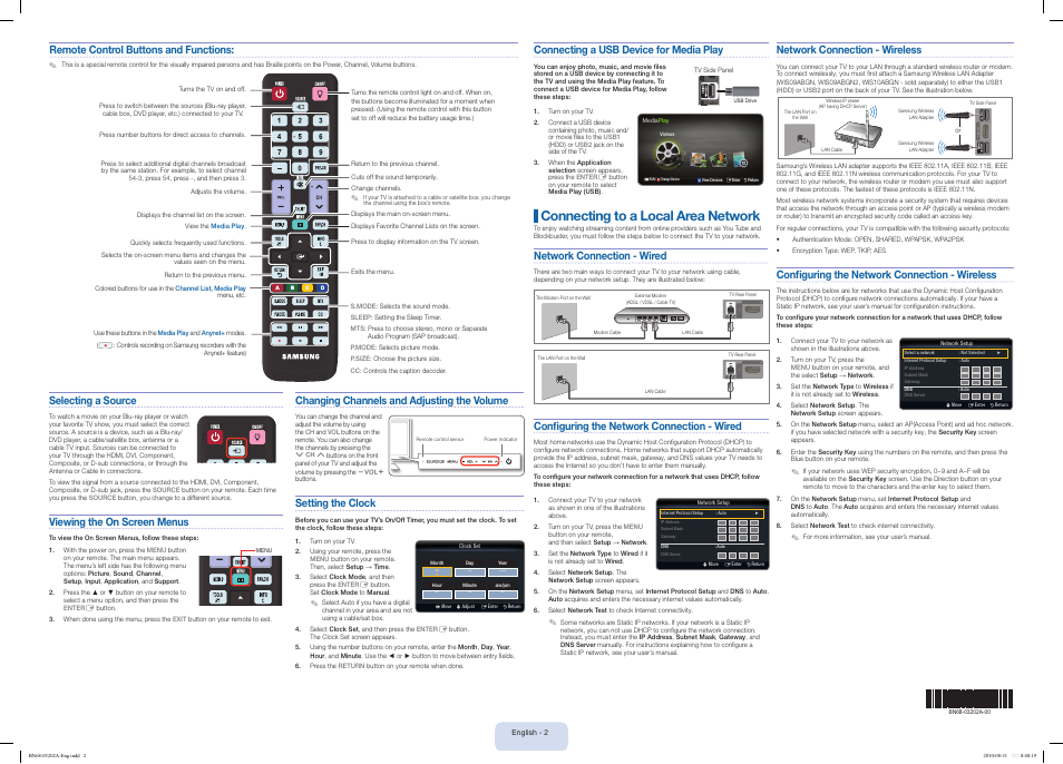 Connecting to a local area network, Changing channels and adjusting the volume, Setting the clock | Connecting a usb device for media play, Selecting a source, Viewing the on screen menus, Network connection - wired, Remote control buttons and functions, Network connection - wireless, Configuring the network connection - wireless | Samsung LN46C600F3FXZA User Manual | Page 2 / 2