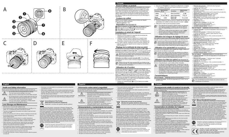 Avant d’utiliser ce produit, Contenu du coffret, Disposition | Installation et retrait de l’objectif, Réglage de la méthode de mise au point, Utilisation de i-function, Utilisation de la bague de réglage du zoom, Utilisation d’un parasoleil, Utilisation d’un filtre (en option), Caractéristiques | Samsung EX-S1855SB User Manual | Page 2 / 2