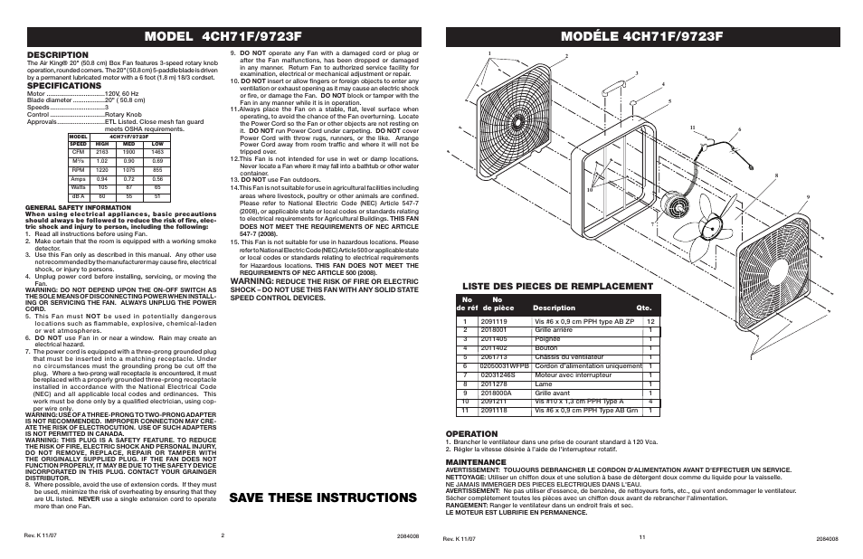 Liste des pieces de remplacement, Specifications, Description | Warning, Operation | Air King 9723F User Manual | Page 2 / 6