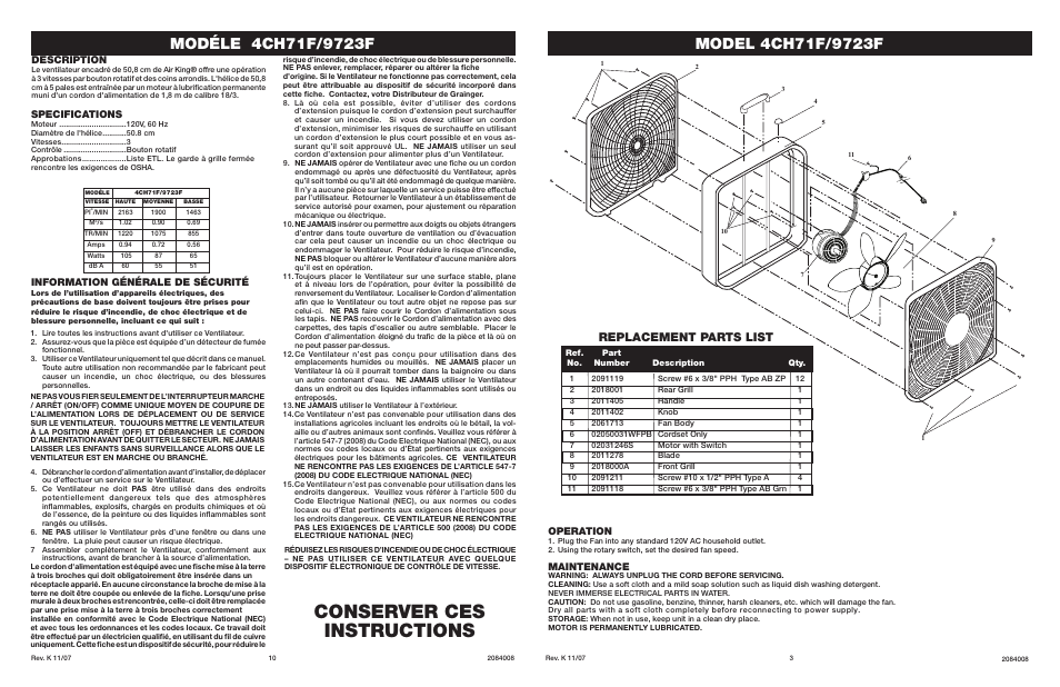 Conserver ces instructions, Replacement parts list, Operation | Maintenance, Specifications, Description, Information générale de sécurité | Air King 9723F User Manual | Page 3 / 6