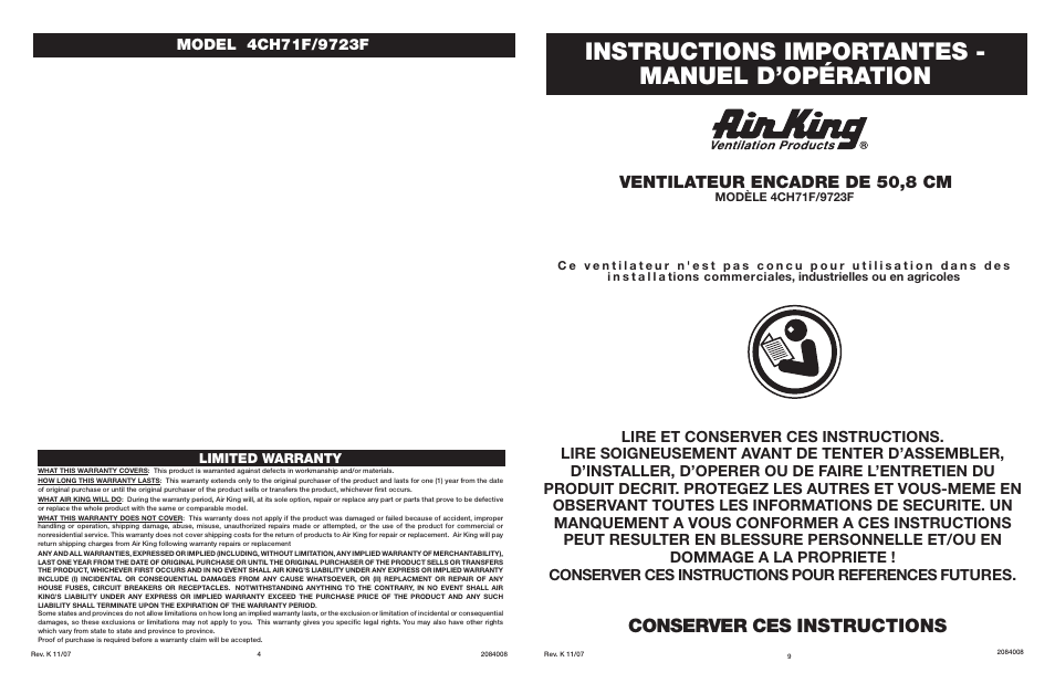 Instructions importantes - manuel d’opération, Conserver ces instructions, Ventilateur encadre de 50,8 cm | Air King 9723F User Manual | Page 4 / 6