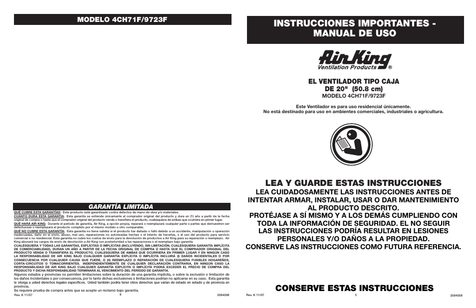 Instrucciones importantes - manual de uso, Lea y guarde estas instrucciones, Conserve estas instrucciones | Garantía limitada | Air King 9723F User Manual | Page 5 / 6