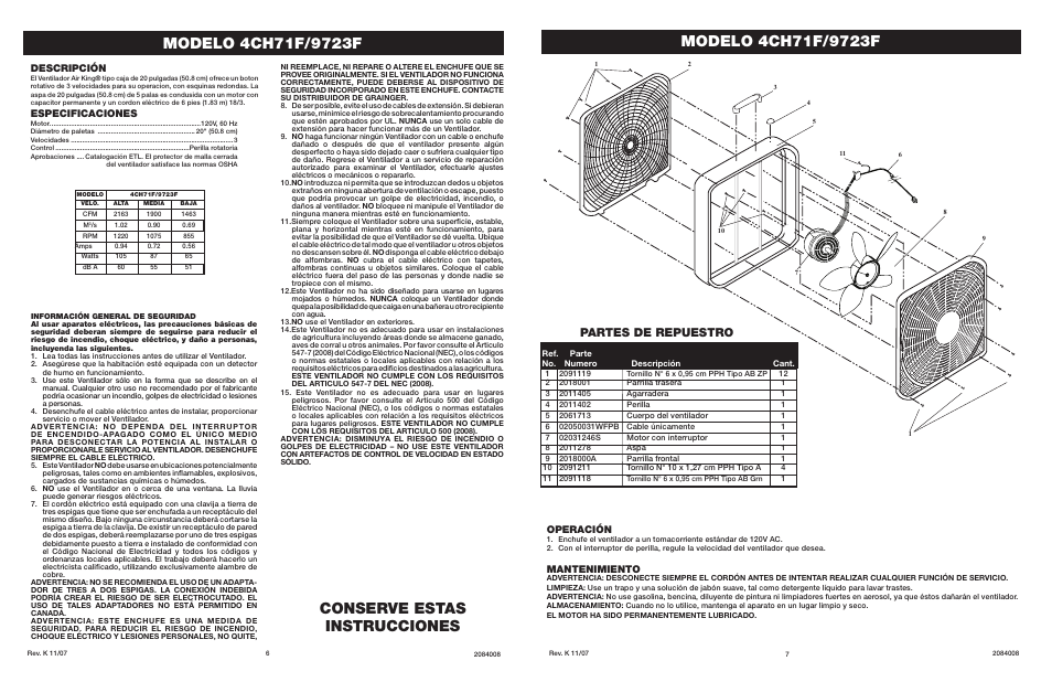 Conserve estas instrucciones, Partes de repuestro, Operación | Mantenimiento, Descripción, Especificaciones | Air King 9723F User Manual | Page 6 / 6