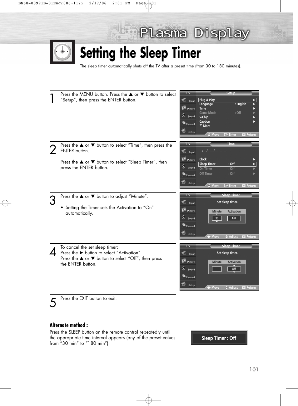 Setting the sleep timer, Alternate method | Samsung HPS4253X-XAC User Manual | Page 101 / 144