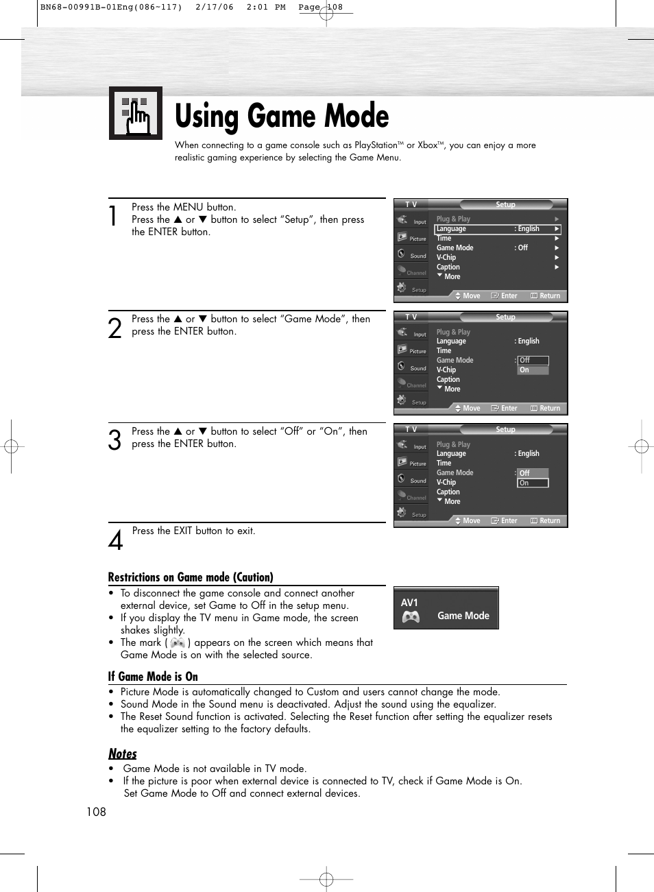 Using game mode, Restrictions on game mode (caution), If game mode is on | Samsung HPS4253X-XAC User Manual | Page 108 / 144
