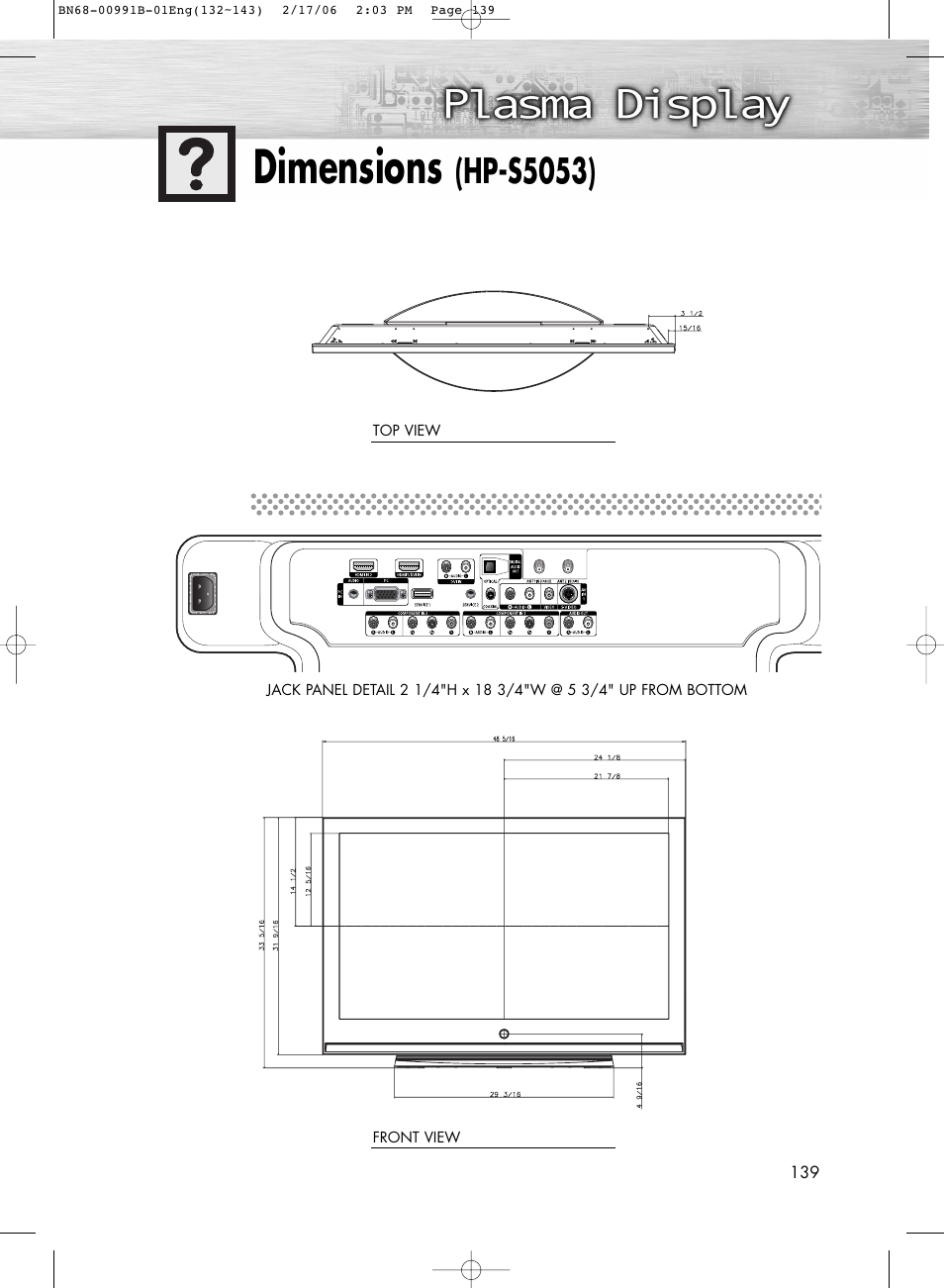 Dimensions(hp-s5053), Dimensions, Hp-s5053) | Samsung HPS4253X-XAC User Manual | Page 139 / 144