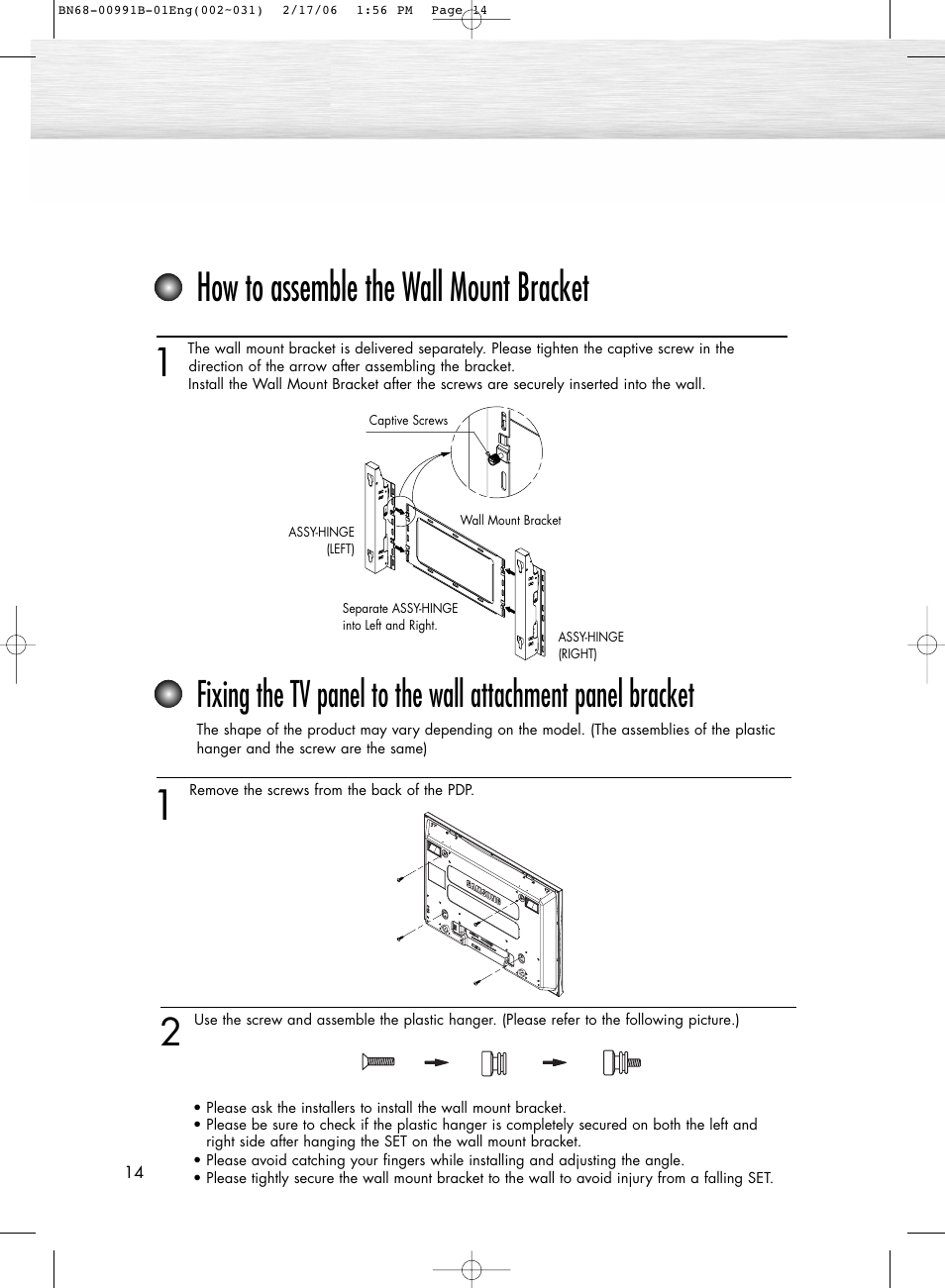 How to assemble the wall mount bracket | Samsung HPS4253X-XAC User Manual | Page 14 / 144