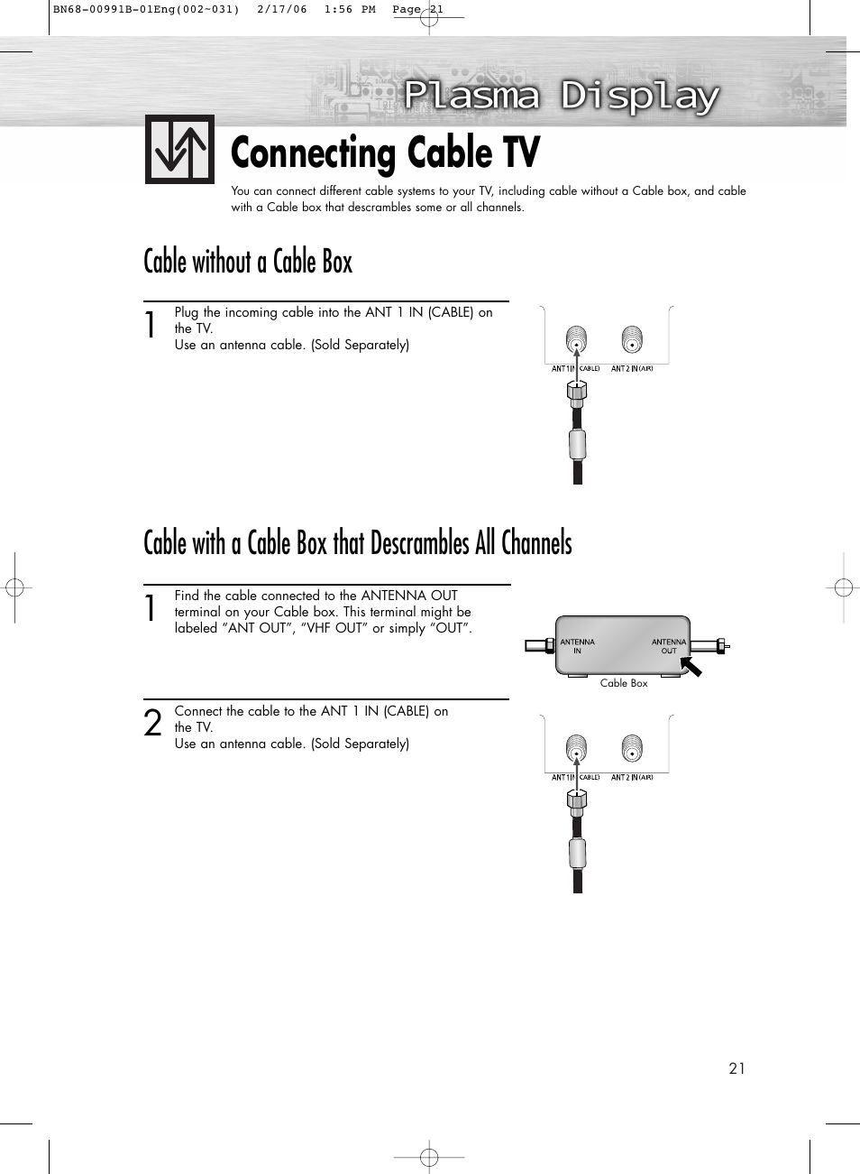 Connecting cable tv, Cable without a cable box | Samsung HPS4253X-XAC User Manual | Page 21 / 144