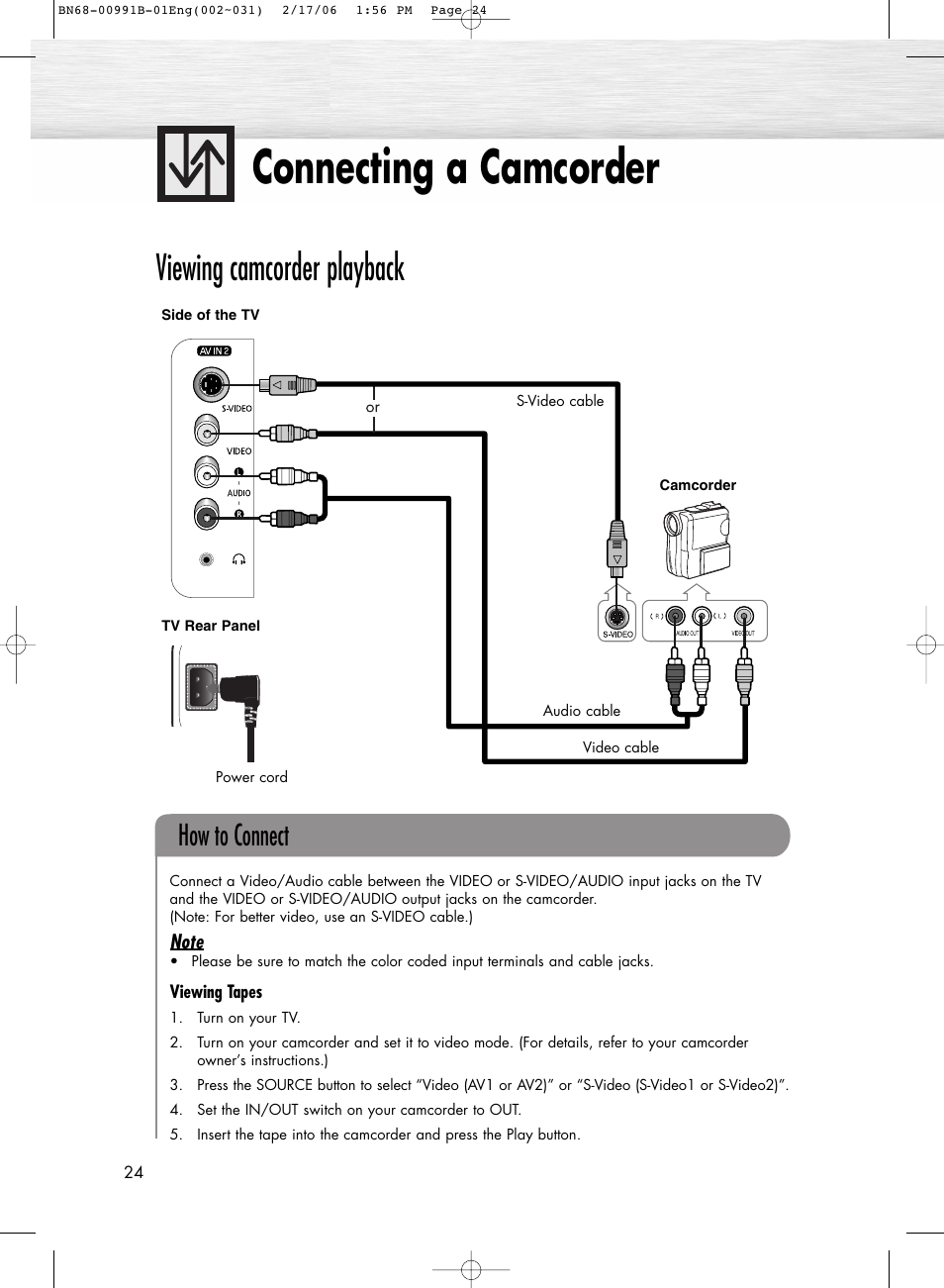 Connecting a camcorder, Viewing camcorder playback, How to connect | Samsung HPS4253X-XAC User Manual | Page 24 / 144