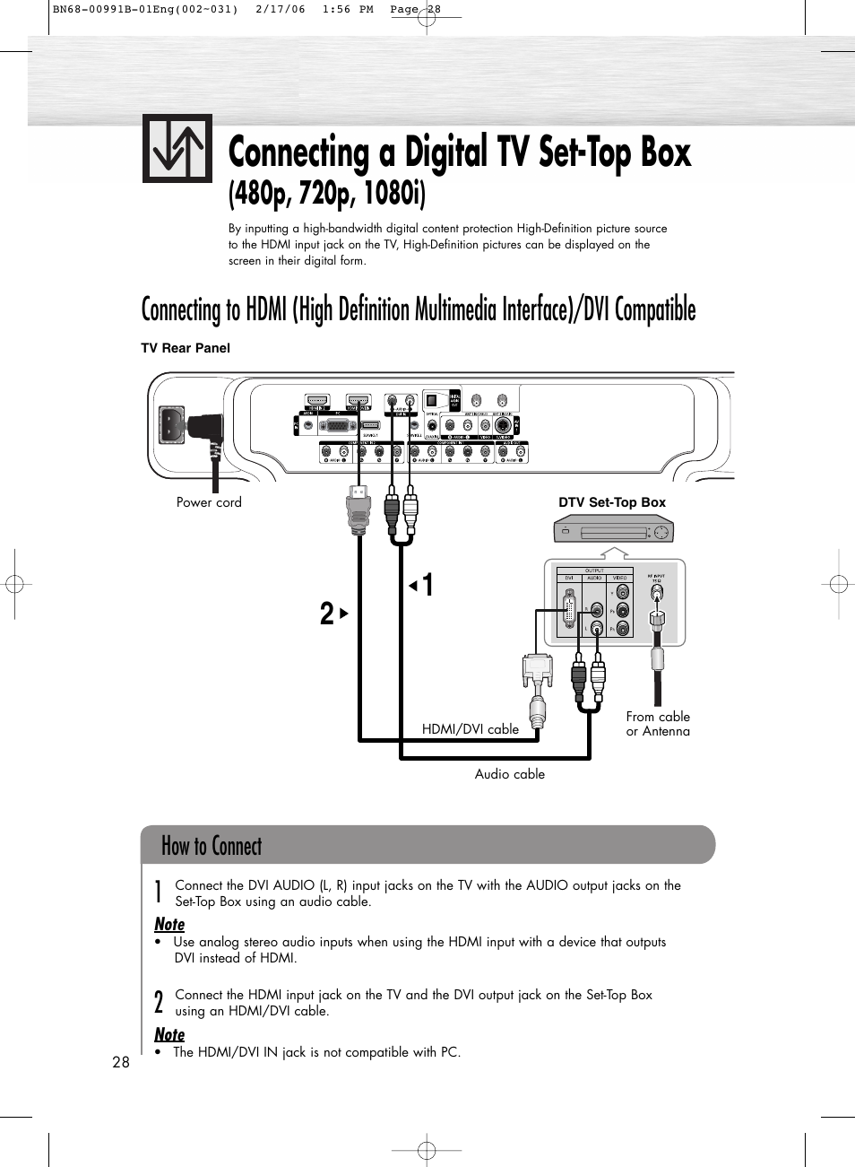 Connecting a digital tv set-top box, How to connect | Samsung HPS4253X-XAC User Manual | Page 28 / 144