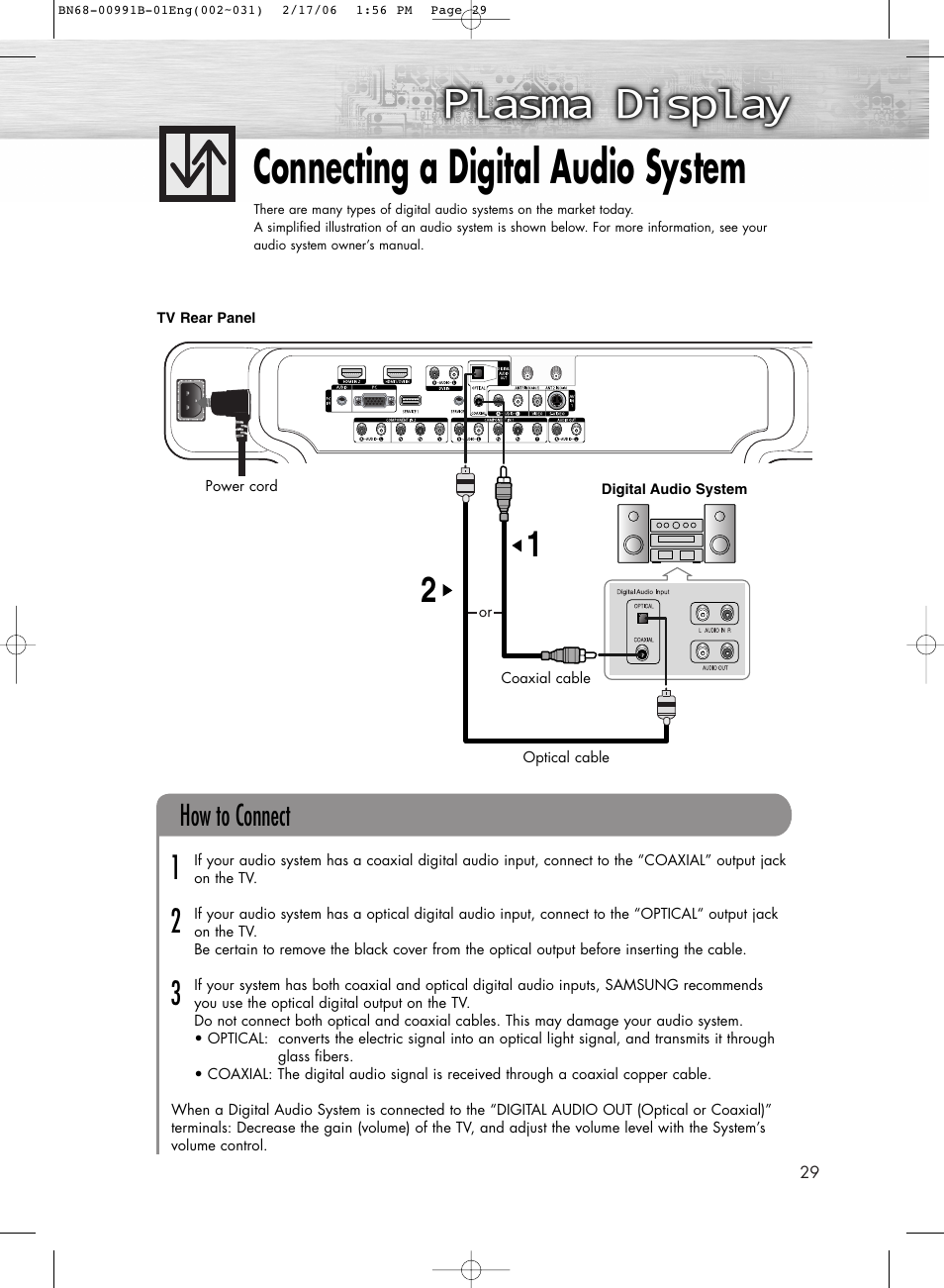 Connecting a digital audio system, How to connect | Samsung HPS4253X-XAC User Manual | Page 29 / 144