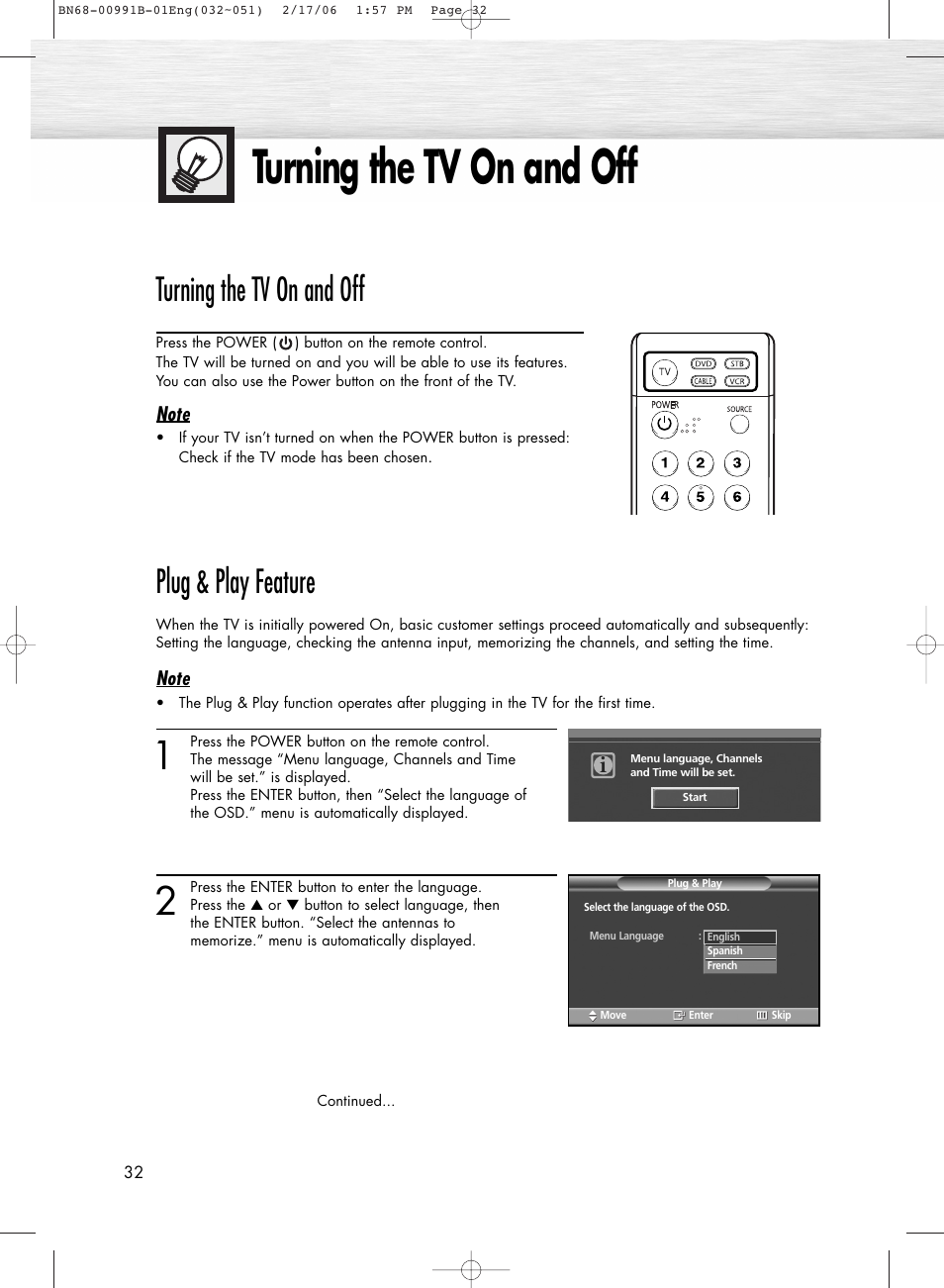 Operation, Turning the tv on and off, Plug & play feature | Samsung HPS4253X-XAC User Manual | Page 32 / 144