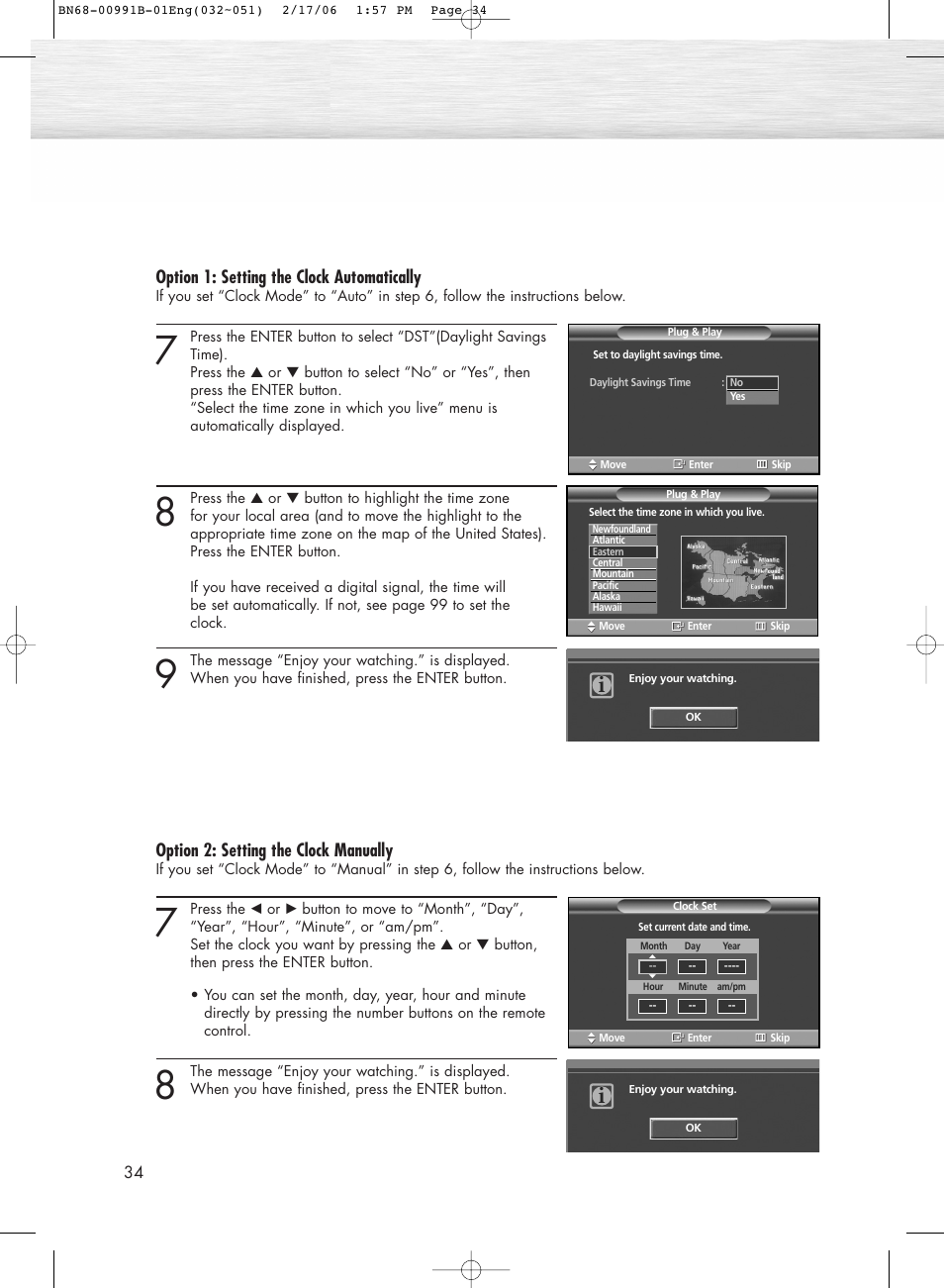 Option 1: setting the clock automatically, Option 2: setting the clock manually | Samsung HPS4253X-XAC User Manual | Page 34 / 144