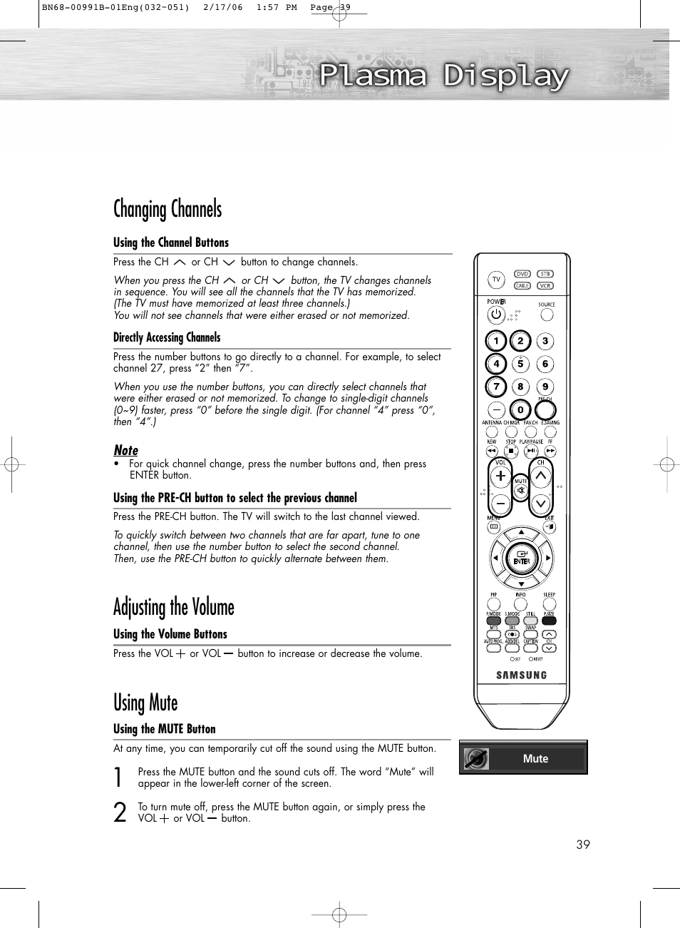 Changing channels, Adjusting the volume, Using mute | Samsung HPS4253X-XAC User Manual | Page 39 / 144