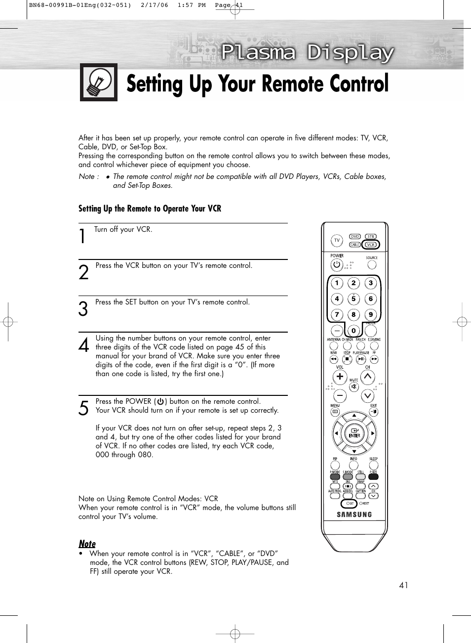 Setting up your remote control | Samsung HPS4253X-XAC User Manual | Page 41 / 144