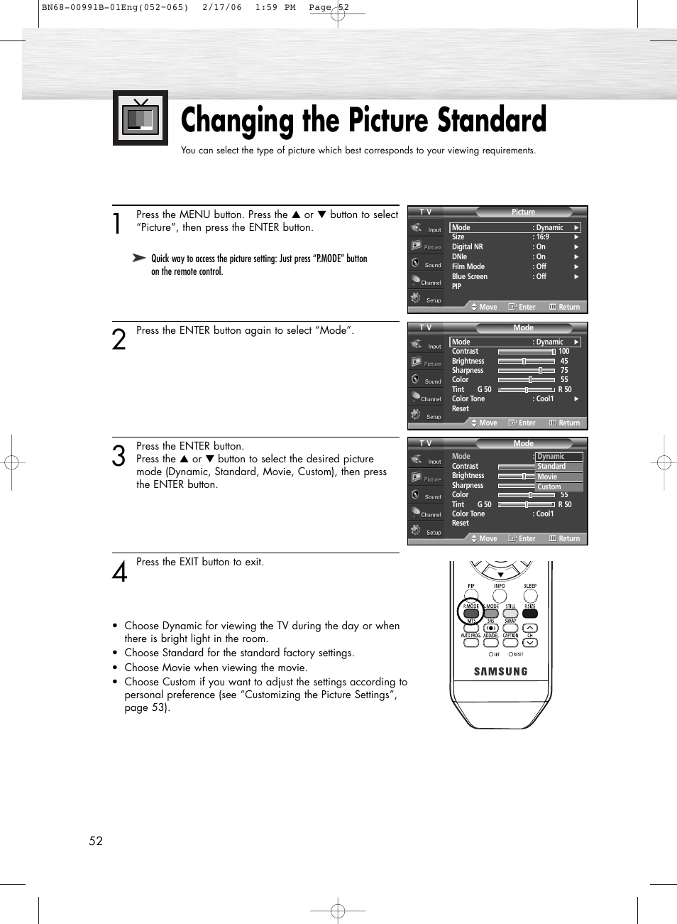 Picture control, Changing the picture standard | Samsung HPS4253X-XAC User Manual | Page 52 / 144