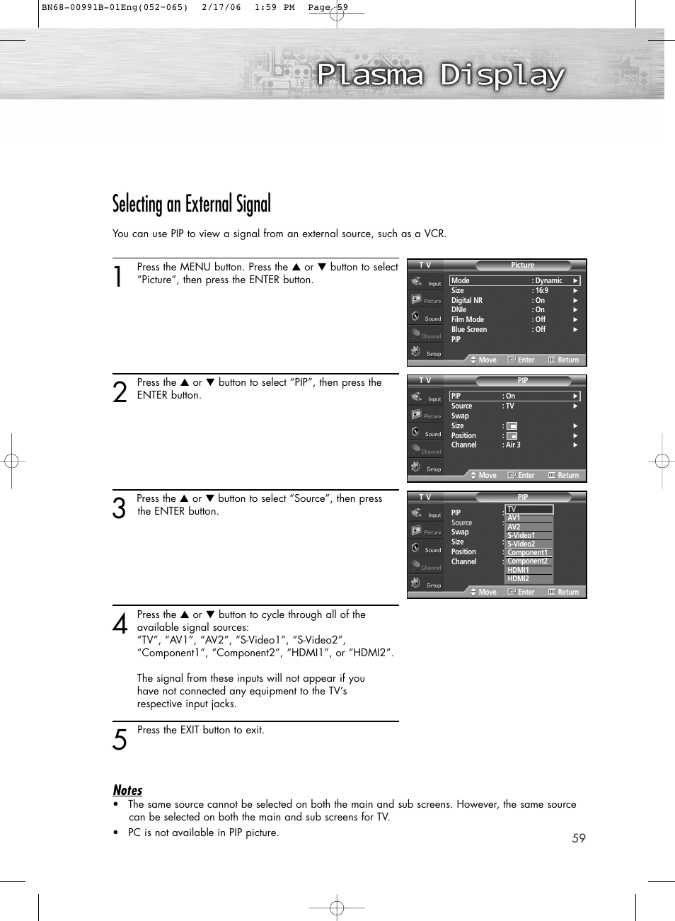 Selecting an external signal | Samsung HPS4253X-XAC User Manual | Page 59 / 144
