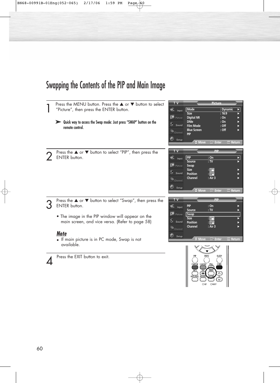 Swapping the contents of the pip and main image | Samsung HPS4253X-XAC User Manual | Page 60 / 144