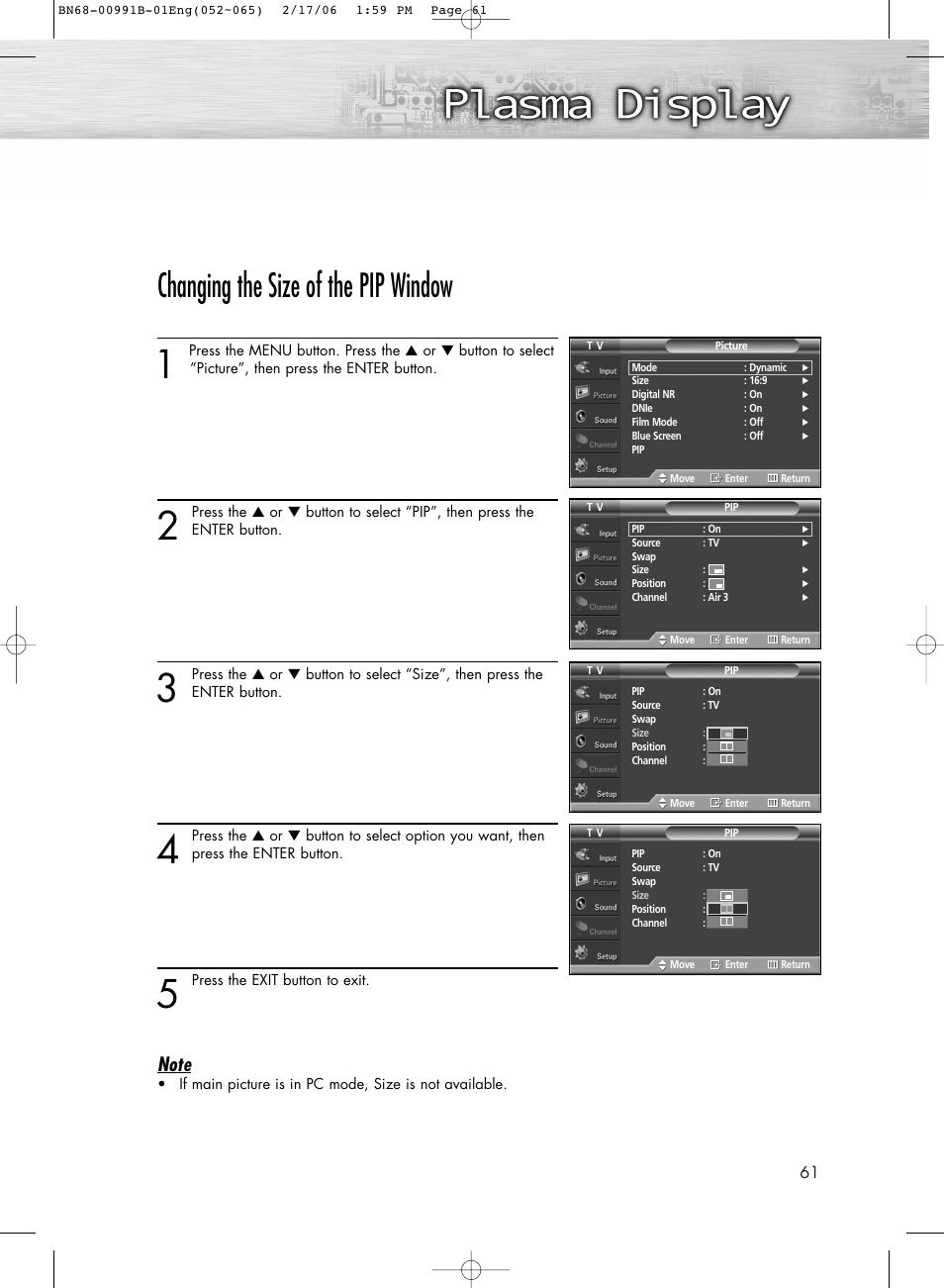 Changing the size of the pip window | Samsung HPS4253X-XAC User Manual | Page 61 / 144