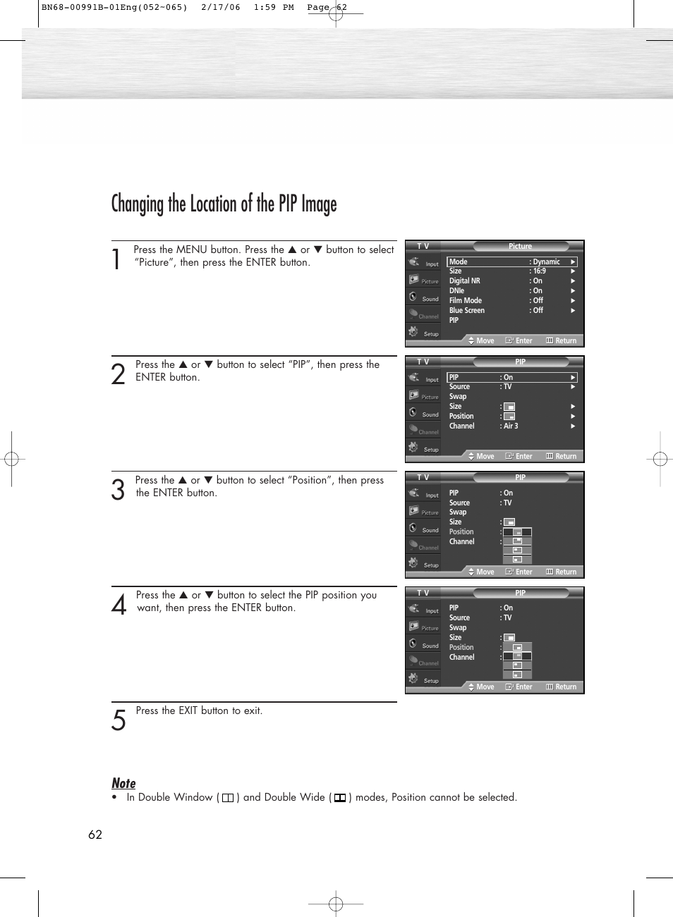 Changing the location of the pip image | Samsung HPS4253X-XAC User Manual | Page 62 / 144