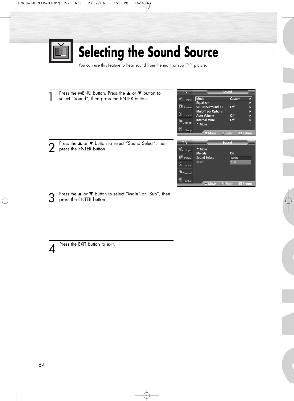 Selecting the sound source | Samsung HPS4253X-XAC User Manual | Page 64 / 144