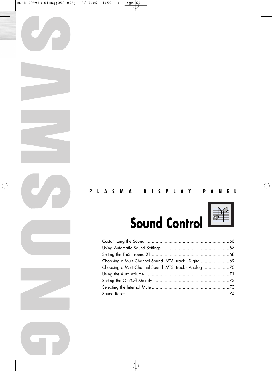 Sound control | Samsung HPS4253X-XAC User Manual | Page 65 / 144