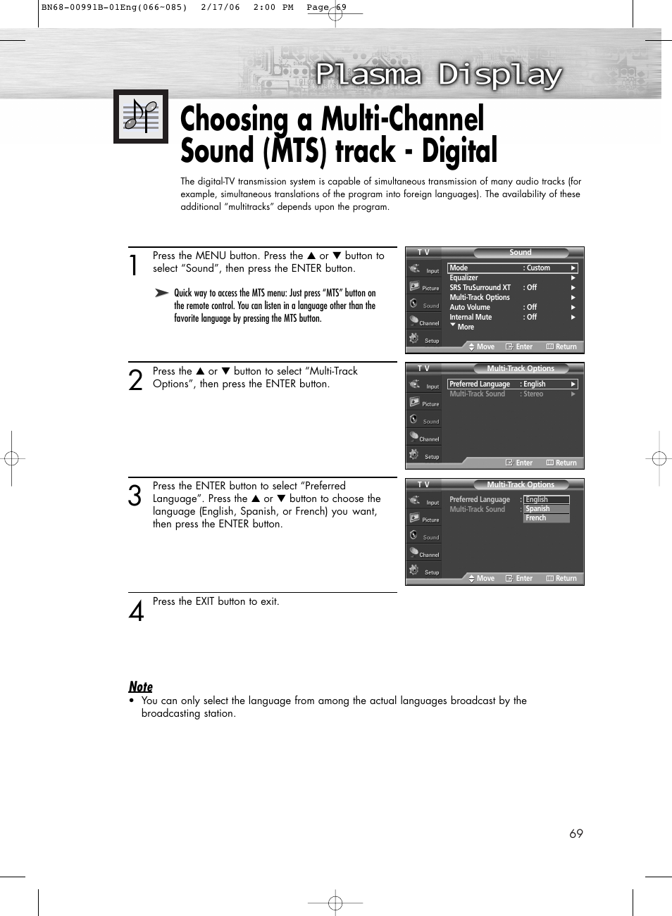 Choosing a multi-channel sound(mts)track-digital | Samsung HPS4253X-XAC User Manual | Page 69 / 144