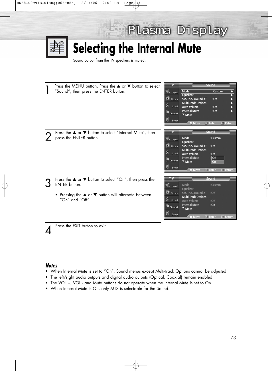 Selecting the internal mute | Samsung HPS4253X-XAC User Manual | Page 73 / 144