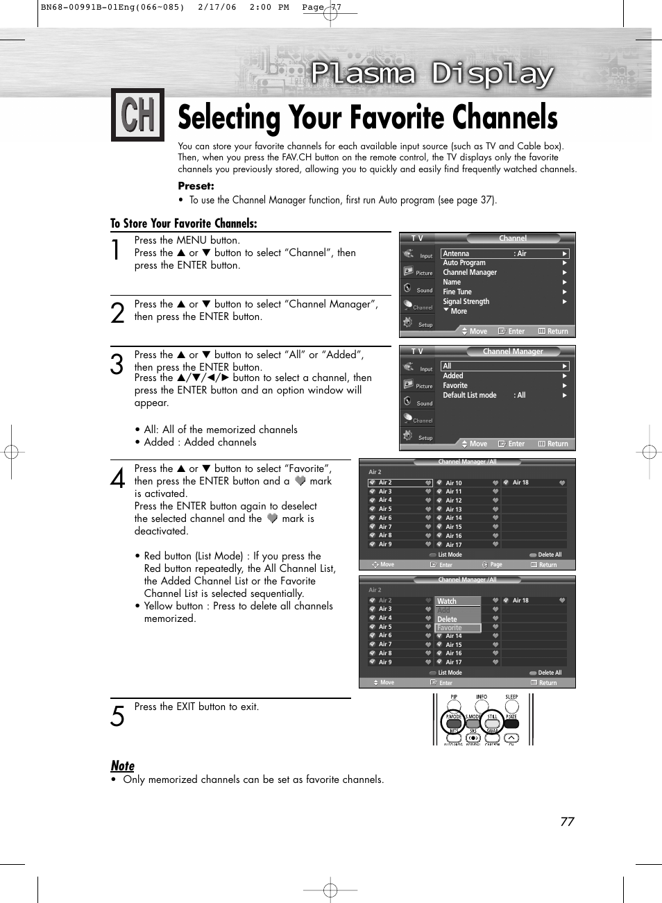 Selecting your favorite channels | Samsung HPS4253X-XAC User Manual | Page 77 / 144