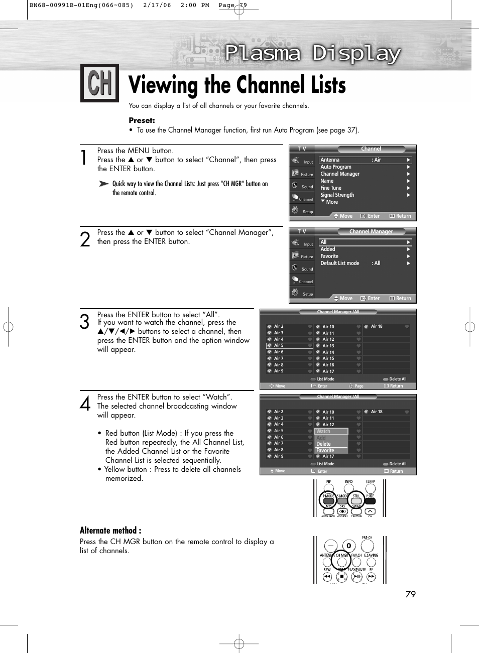 Viewing the channel lists, Alternate method | Samsung HPS4253X-XAC User Manual | Page 79 / 144