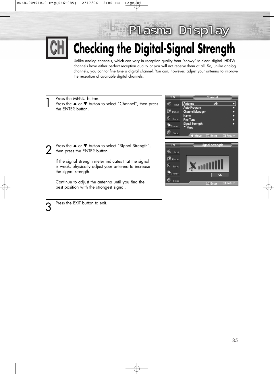 Checking the digital-signal strength | Samsung HPS4253X-XAC User Manual | Page 85 / 144