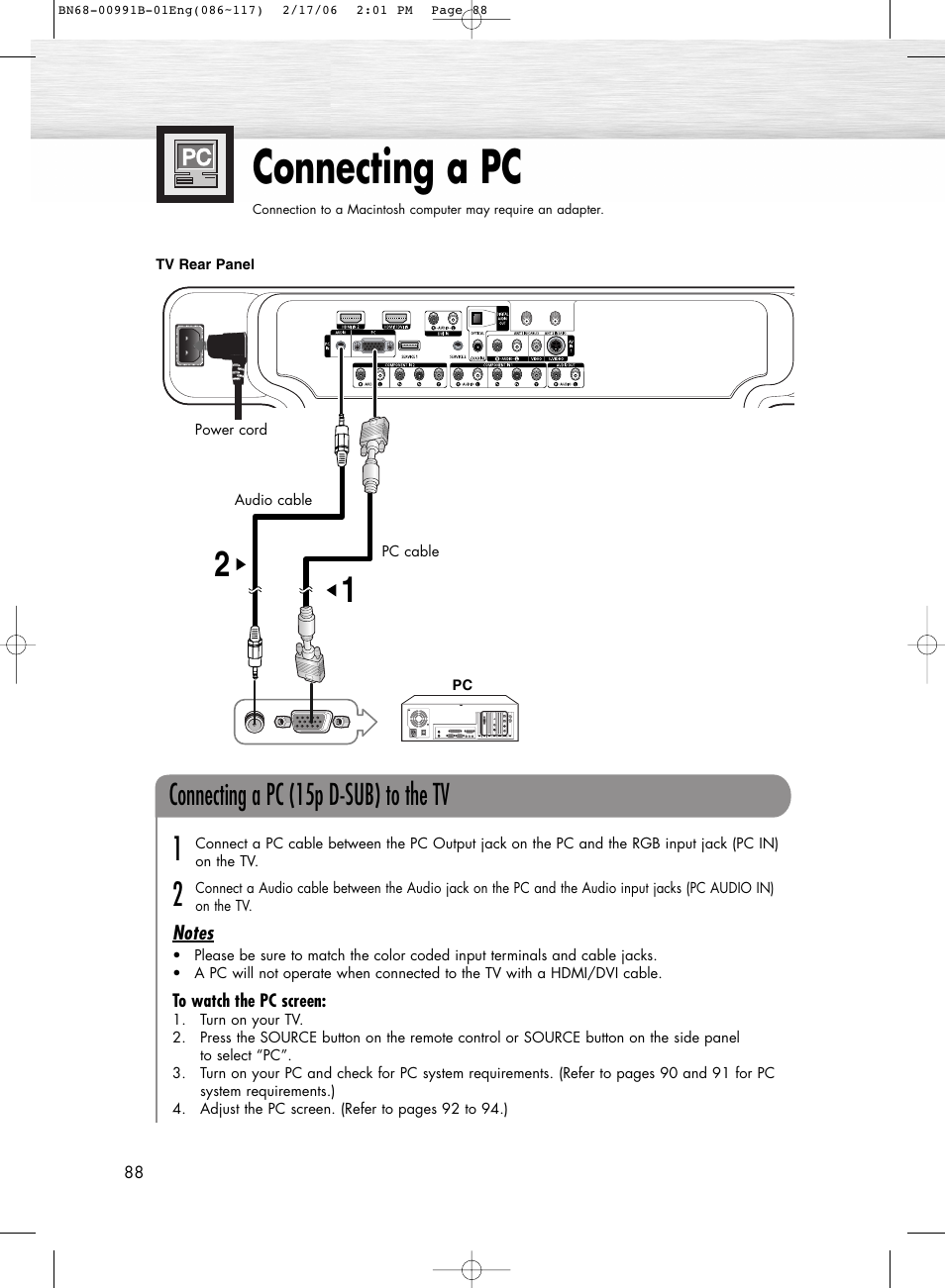 Connecting a pc and operation, Connecting a pc, Connecting a pc (15p d-sub) to the tv | Samsung HPS4253X-XAC User Manual | Page 88 / 144