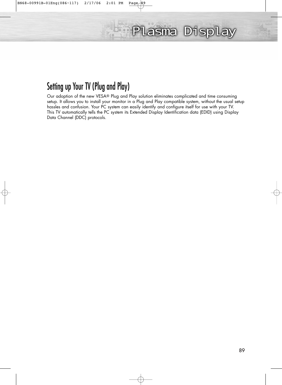 Setting up your tv (plug and play) | Samsung HPS4253X-XAC User Manual | Page 89 / 144