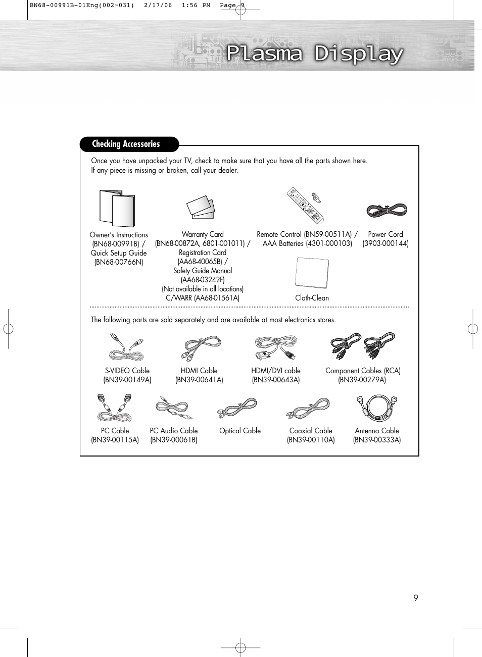 Checking accessories | Samsung HPS4253X-XAC User Manual | Page 9 / 144