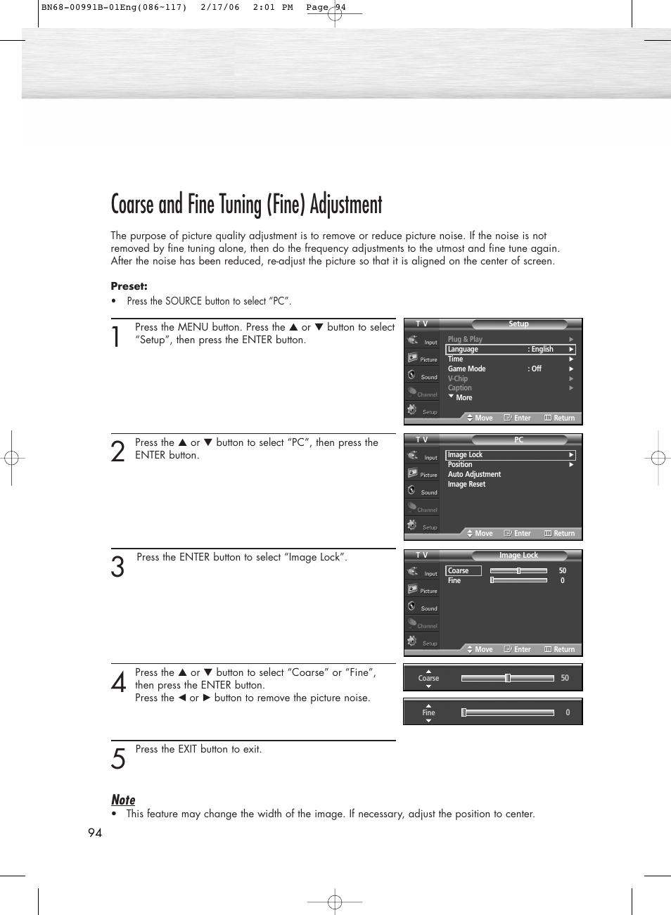 Coarse and fine tuning (fine) adjustment | Samsung HPS4253X-XAC User Manual | Page 94 / 144