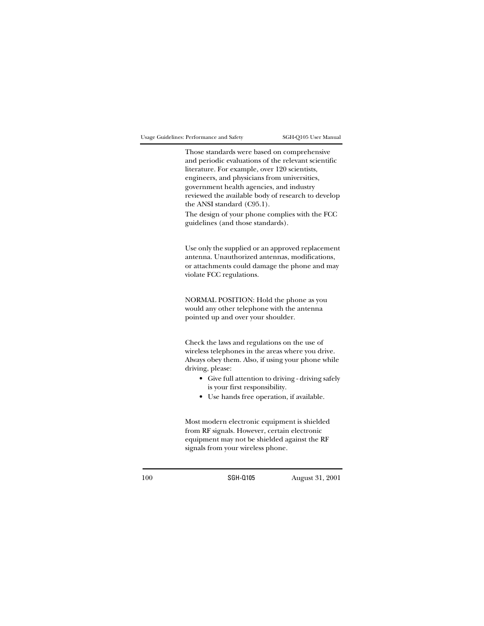 Antenna care, Phone operation, Operating a motor vehicle | Electronic devices | Samsung SWGQ105SV-XAR User Manual | Page 100 / 118