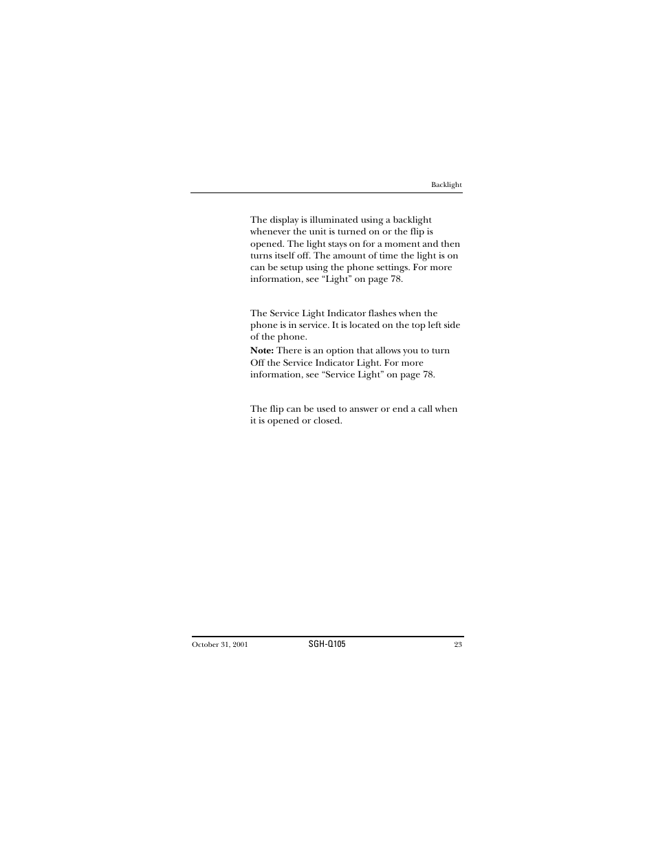 Backlight, Service light indicator, Flip cover | Backlight service light indicator flip cover | Samsung SWGQ105SV-XAR User Manual | Page 23 / 118