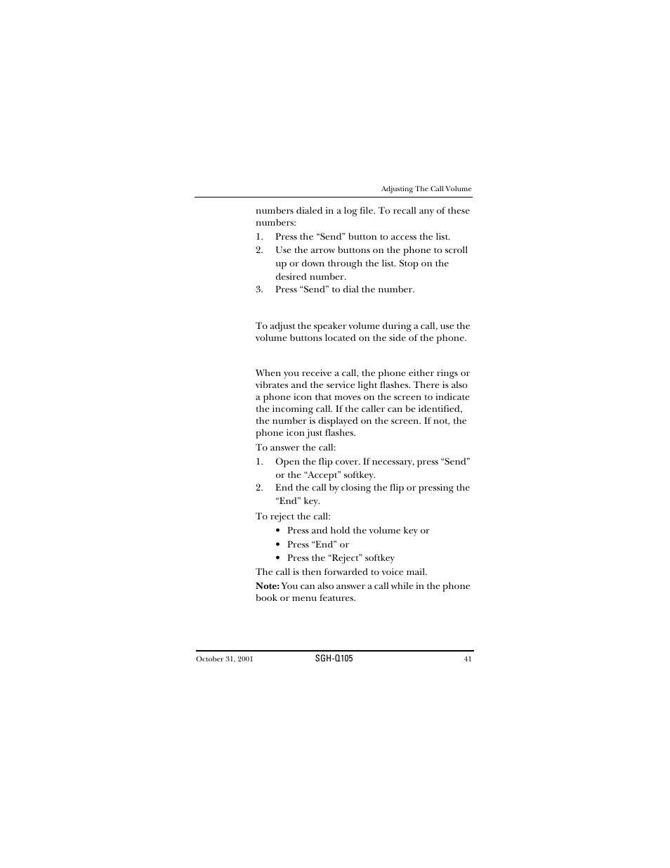 Adjusting the call volume, Answering a call, Adjusting the call volume answering a call | Samsung SWGQ105SV-XAR User Manual | Page 41 / 118