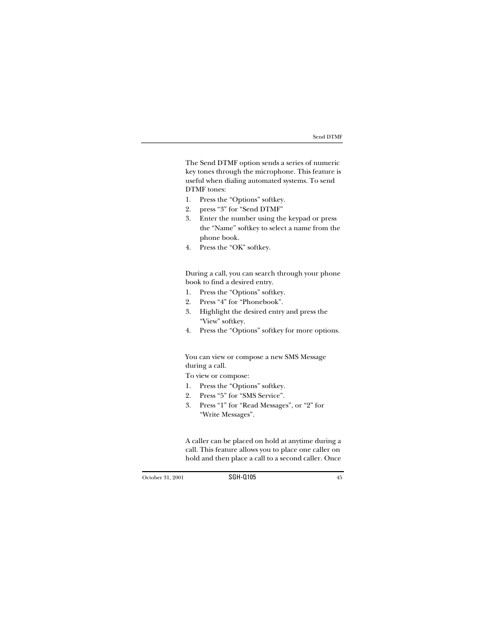 Send dtmf, Phonebook, Sms service | Hold, Send dtmf phonebook sms service hold | Samsung SWGQ105SV-XAR User Manual | Page 45 / 118