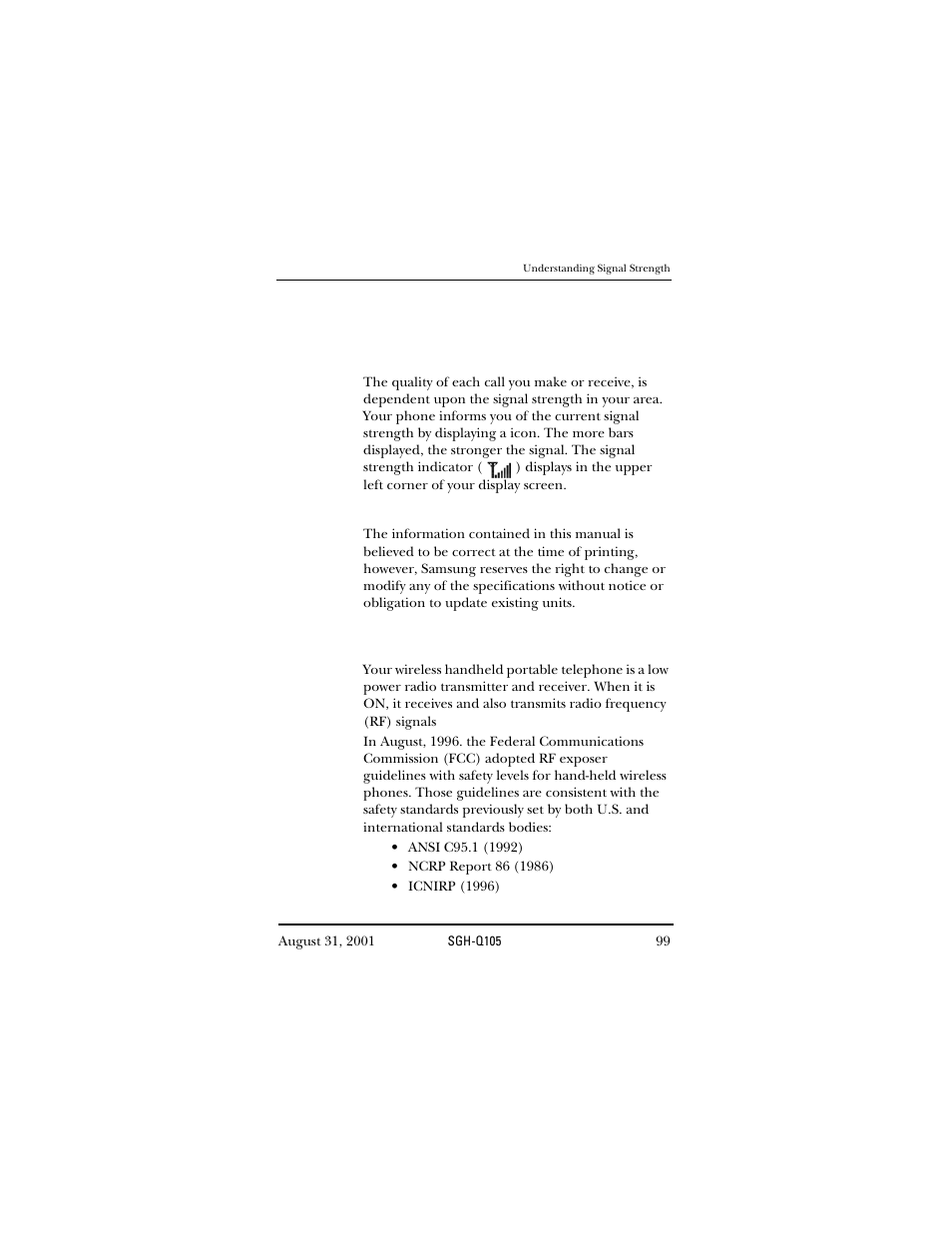 Usage guidelines: performance and safety, Understanding signal strength, Specifications are subject to change | Exposure to radio frequency signals | Samsung SWGQ105SV-XAR User Manual | Page 99 / 118