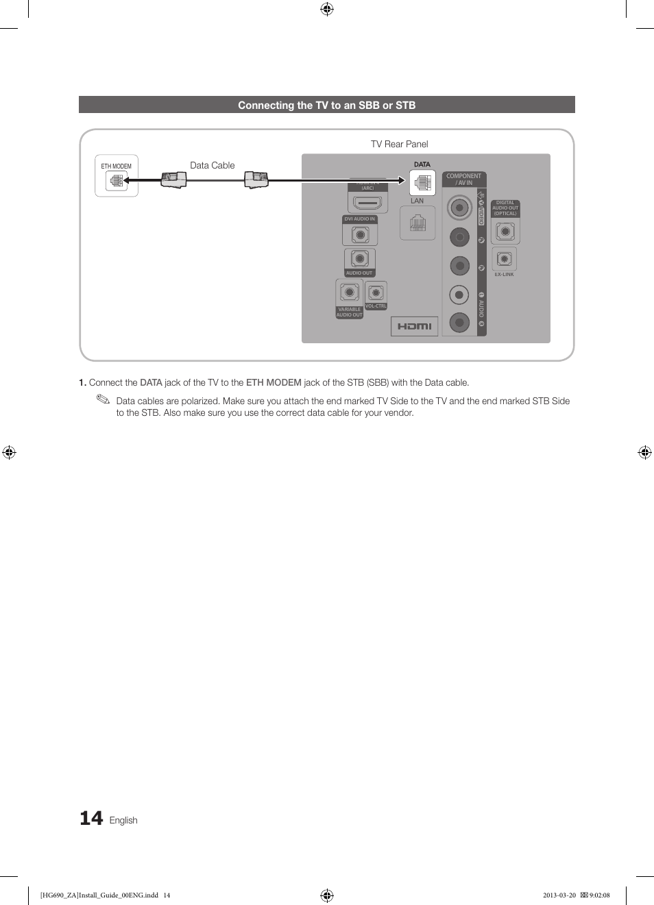 Connecting the tv to an sbb or stb | Samsung HG55NB690QFXZA User Manual | Page 14 / 48
