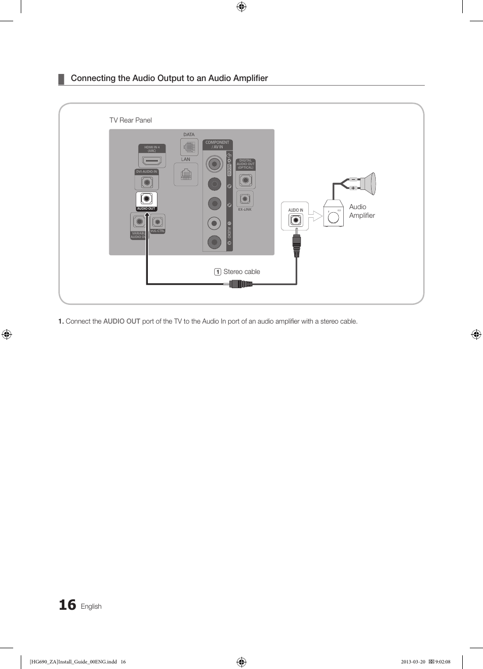 Connecting the audio output to an audio amplifier, English, Tv rear panel audio amplifier 1 stereo cable | Samsung HG55NB690QFXZA User Manual | Page 16 / 48