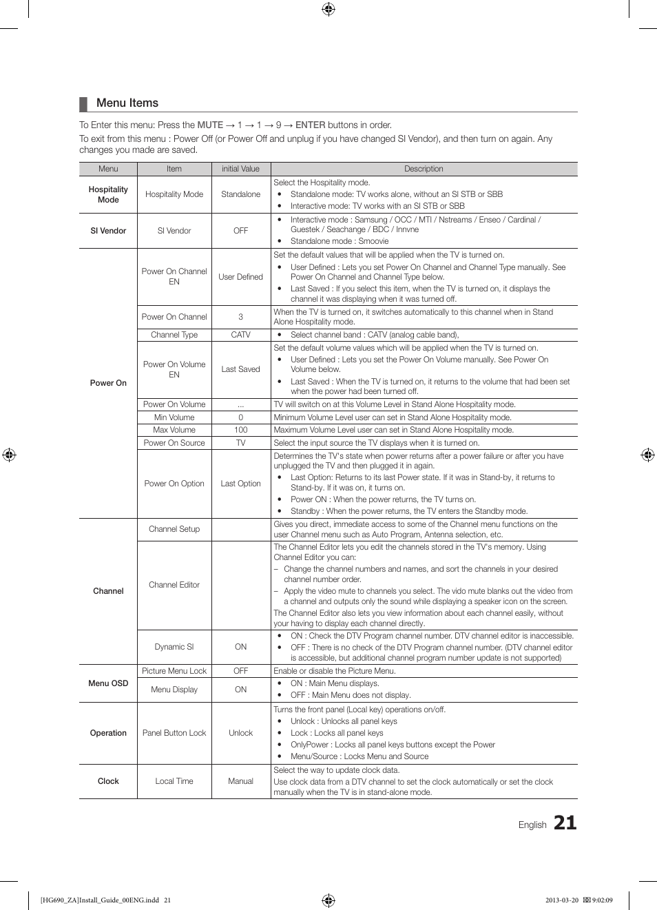 Menu items | Samsung HG55NB690QFXZA User Manual | Page 21 / 48