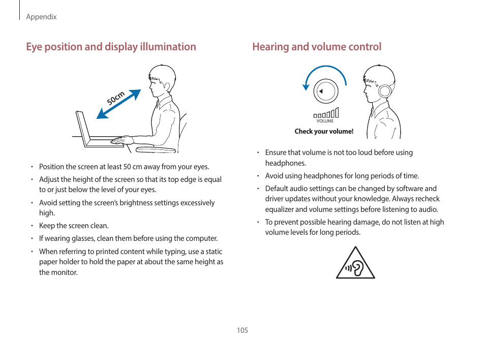 Hearing and volume control, Eye position and display illumination | Samsung NP940X5J-K01US User Manual | Page 105 / 149