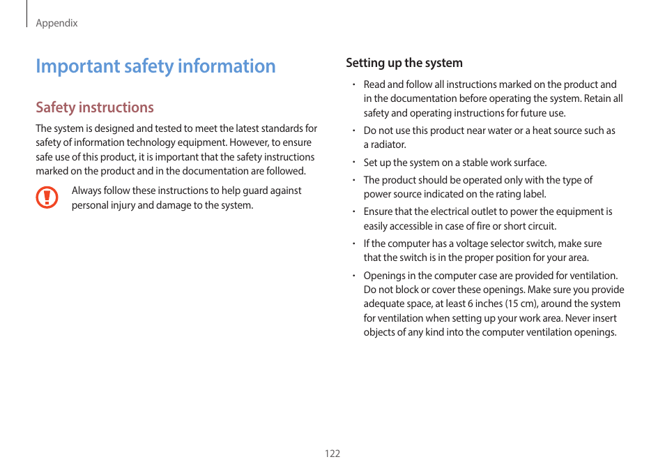 Important safety information, 122 important safety, Information | Safety instructions | Samsung NP940X5J-K01US User Manual | Page 122 / 149