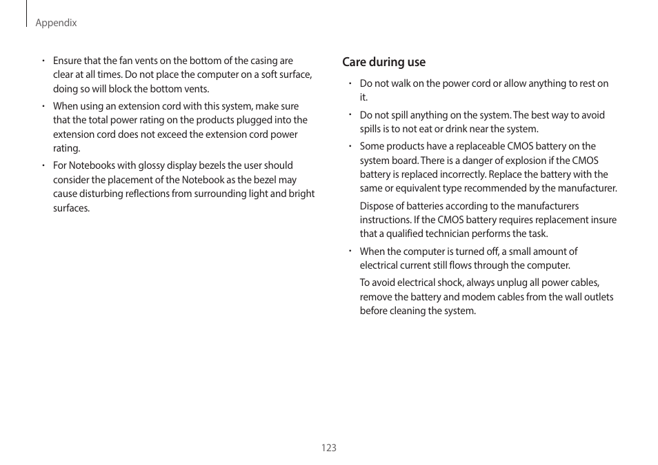 Care during use | Samsung NP940X5J-K01US User Manual | Page 123 / 149