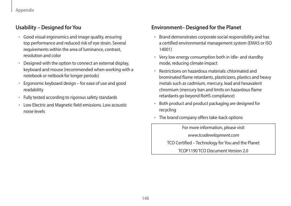 Environment– designed for the planet, Usability – designed for you | Samsung NP940X5J-K01US User Manual | Page 148 / 149