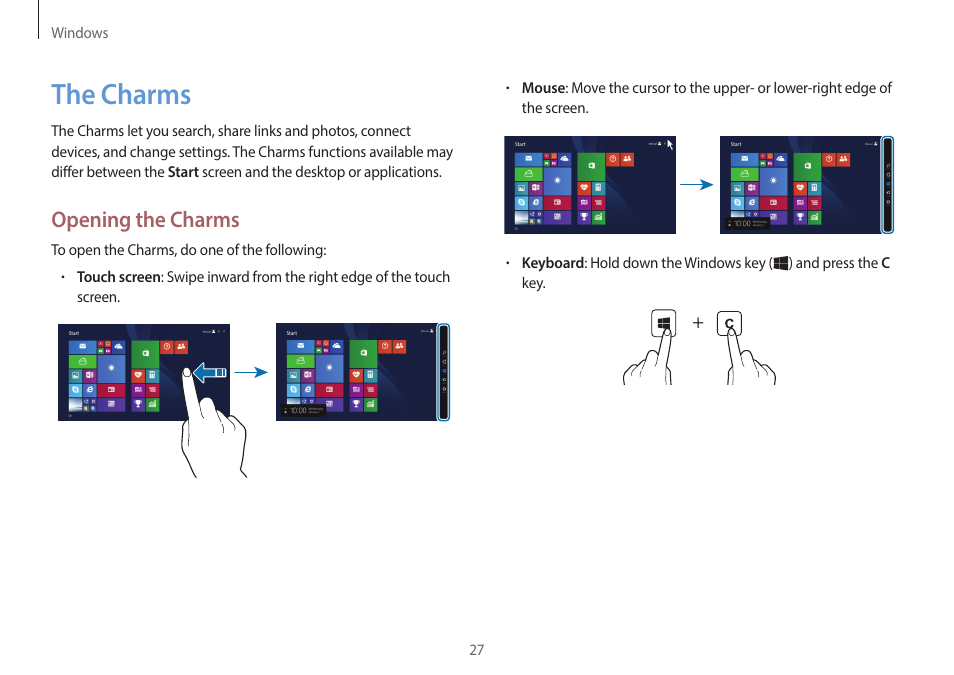 The charms, 27 the, Charms | Opening the charms | Samsung NP940X5J-K01US User Manual | Page 27 / 149