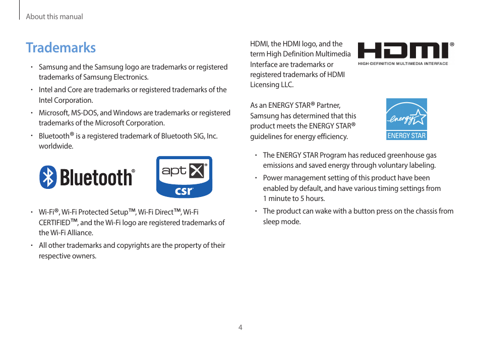 Trademarks | Samsung NP940X5J-K01US User Manual | Page 4 / 149